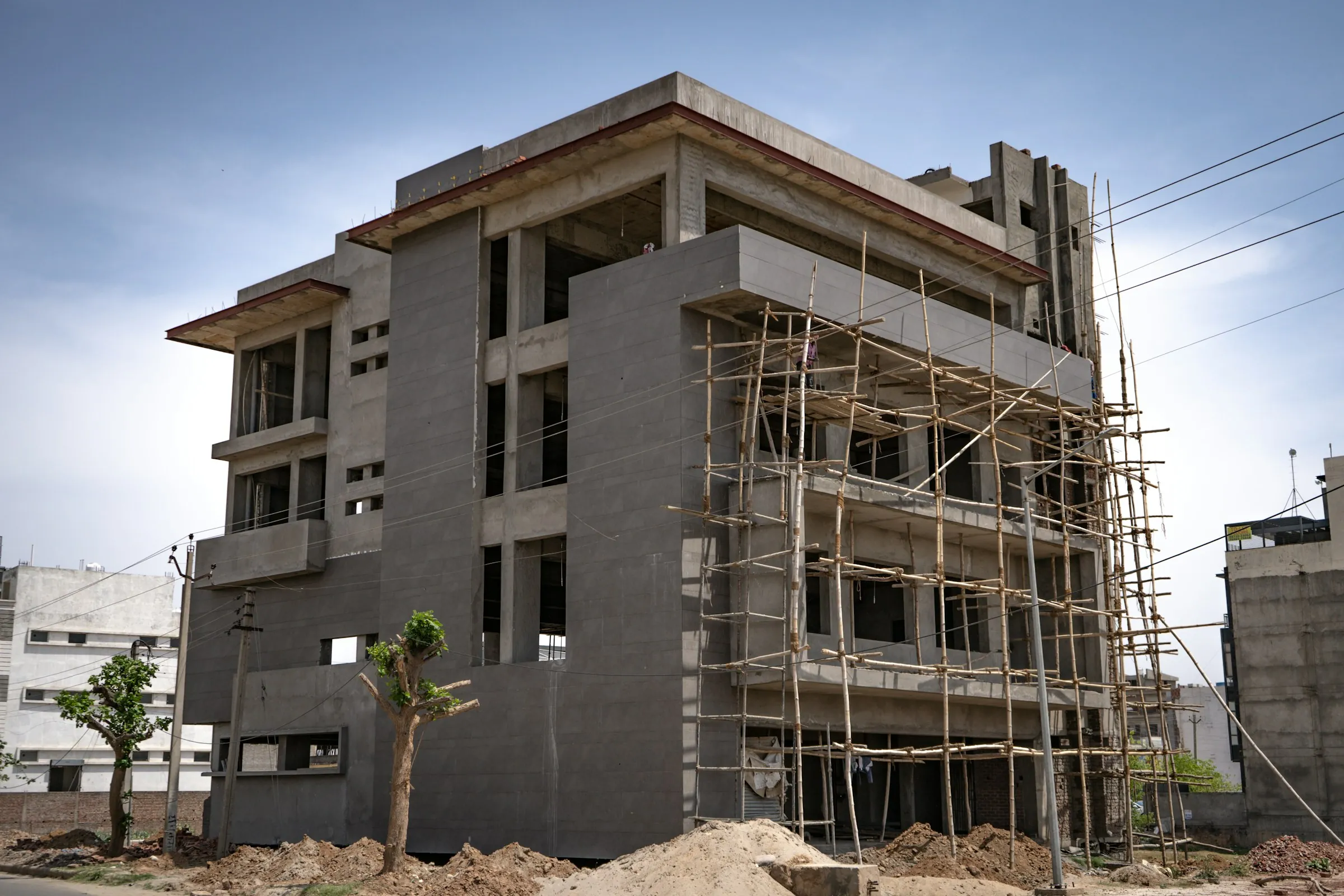 A building under construction with scaffolding